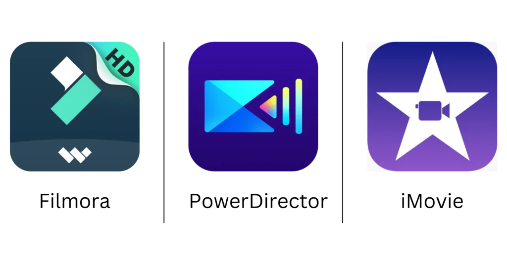 filmora, powerdirector and imovie logo images