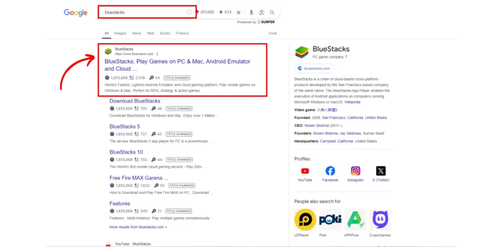 bluestacks on google SERP screenshot image